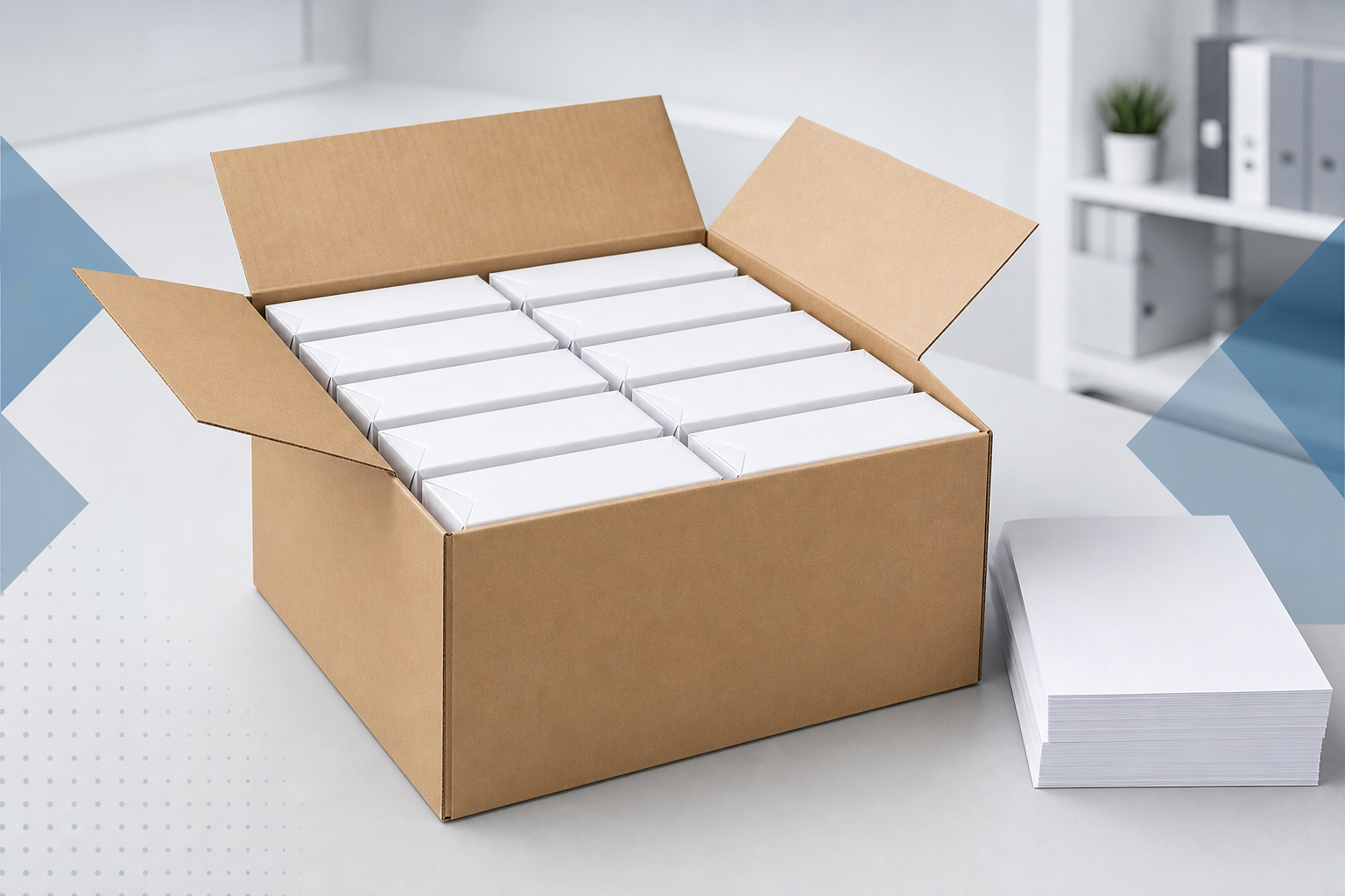 Ten reams of copy paper shown as a 5,000-sheet office paper carton