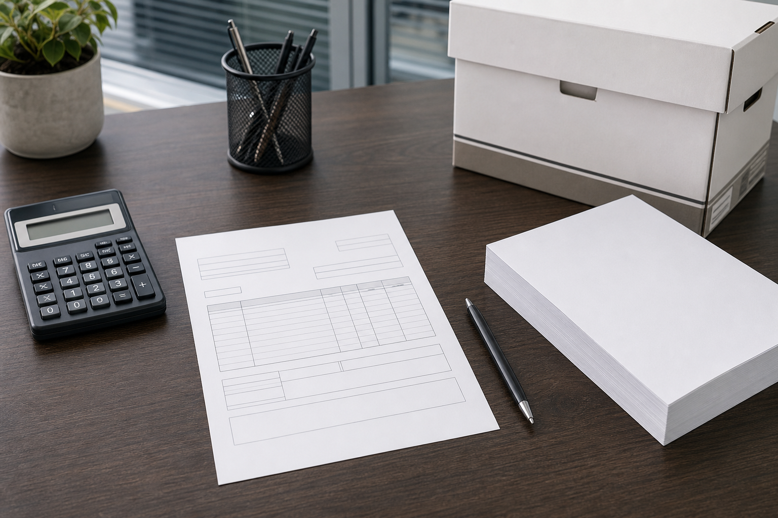Blank procurement order-line worksheet with copy paper carton and calculator