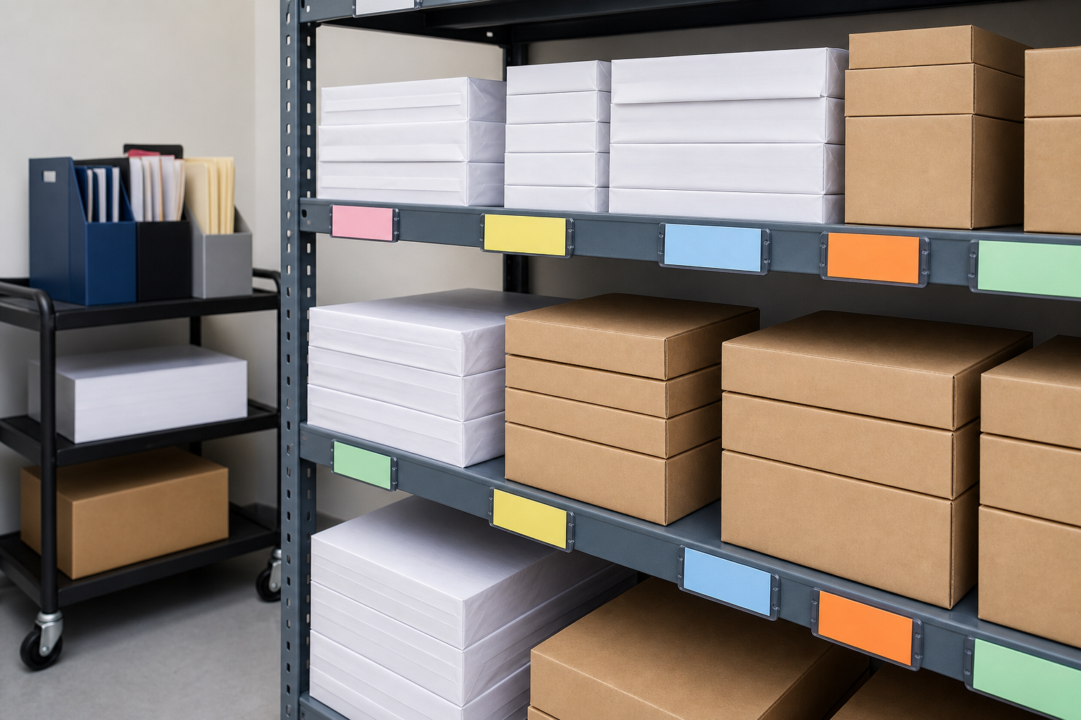 copy paper reams and cases organized for office restock planning