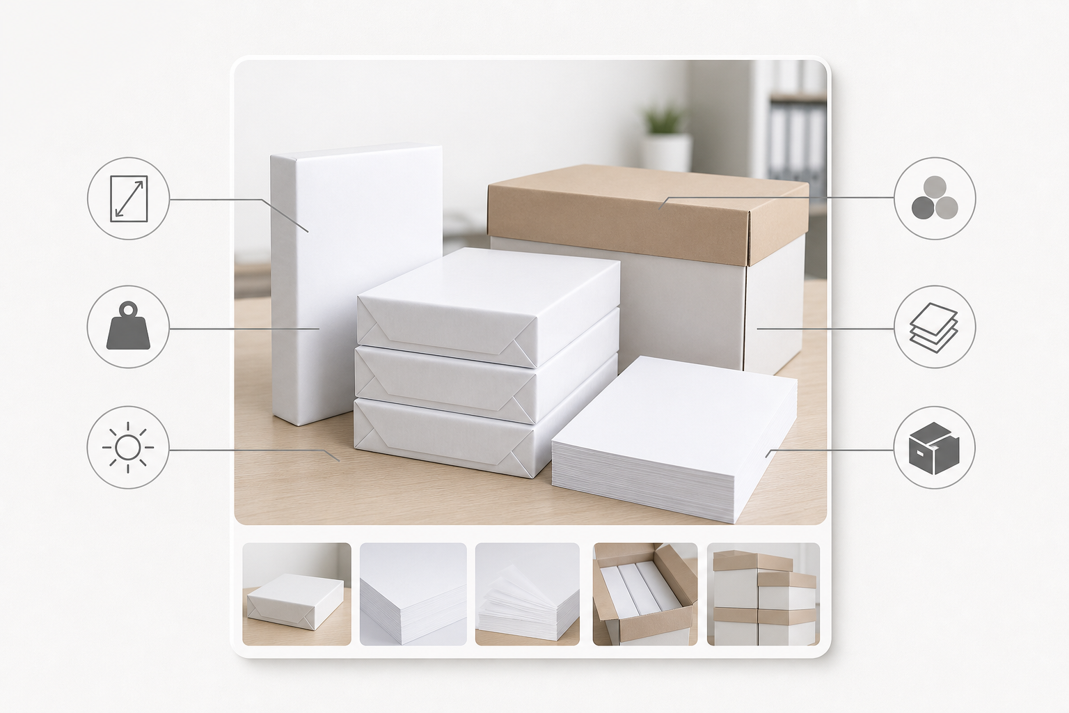 20lb copy paper product card with visual cues for size weight brightness color quantity and pack format