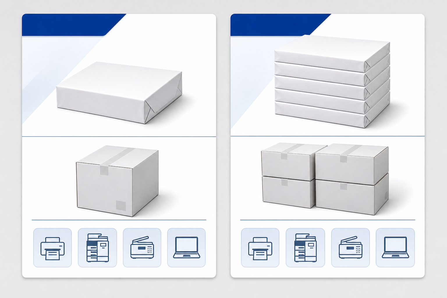 Side by side 20lb copy paper listings showing different carton quantities and compatibility cues