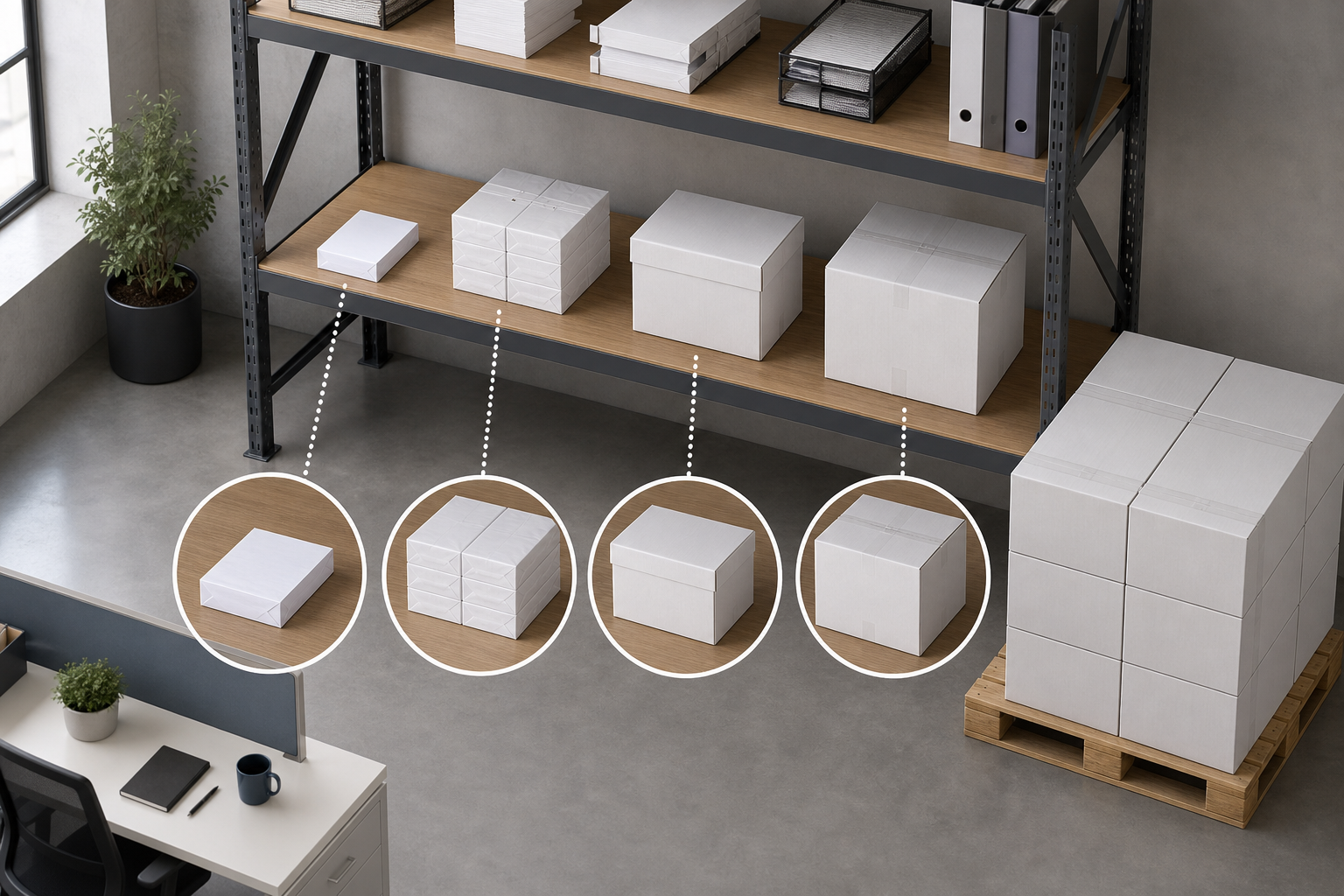 Comparison of 500-sheet reams, cartons, cases, and bulk copy paper quantities