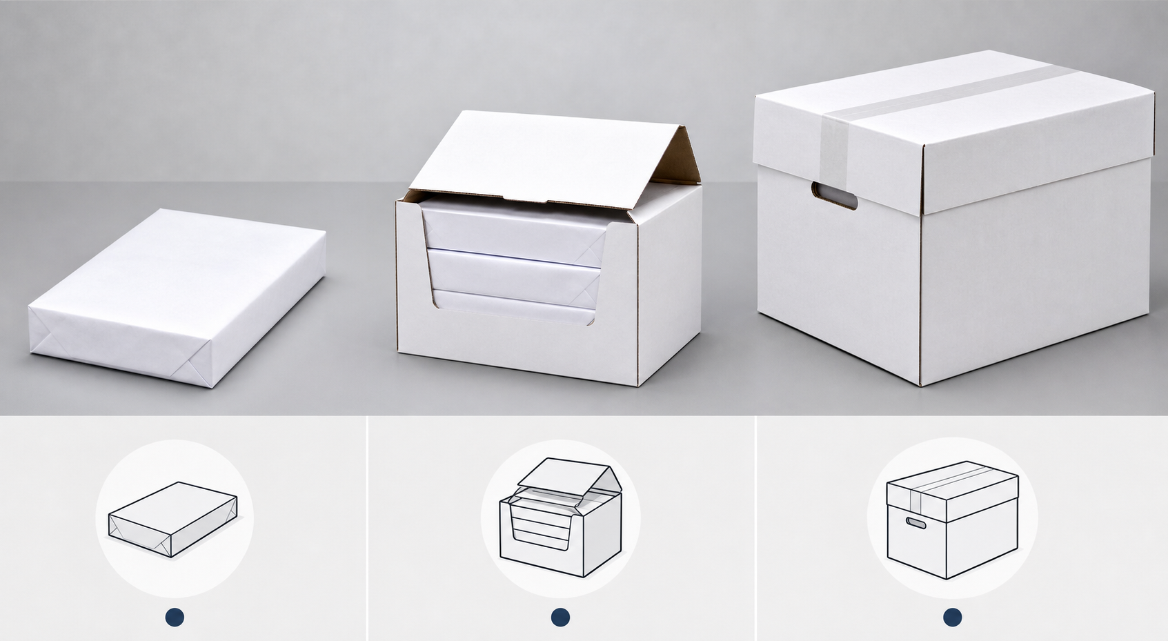 Side-by-side comparison of single ream multi-ream carton and full copy paper case