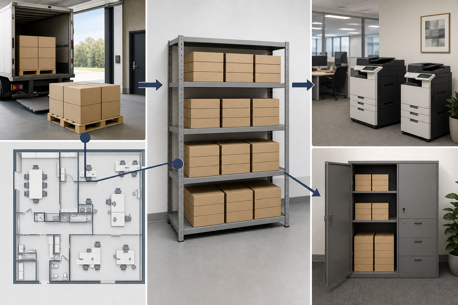 Copy paper cartons moving from receiving to storage and shared printer locations