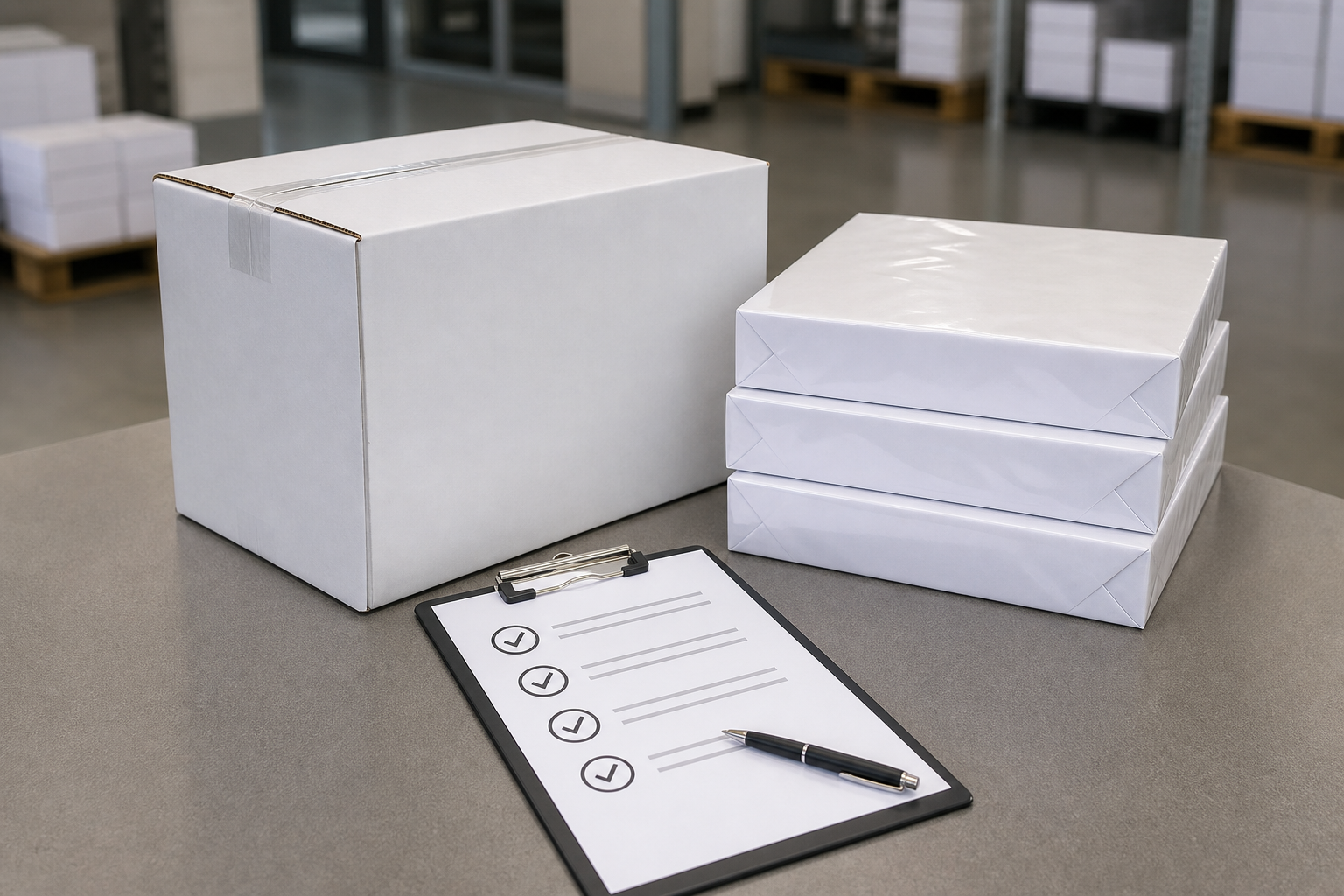 Receiving inspection of unbranded copy paper carton and wrapped reams before office handoff