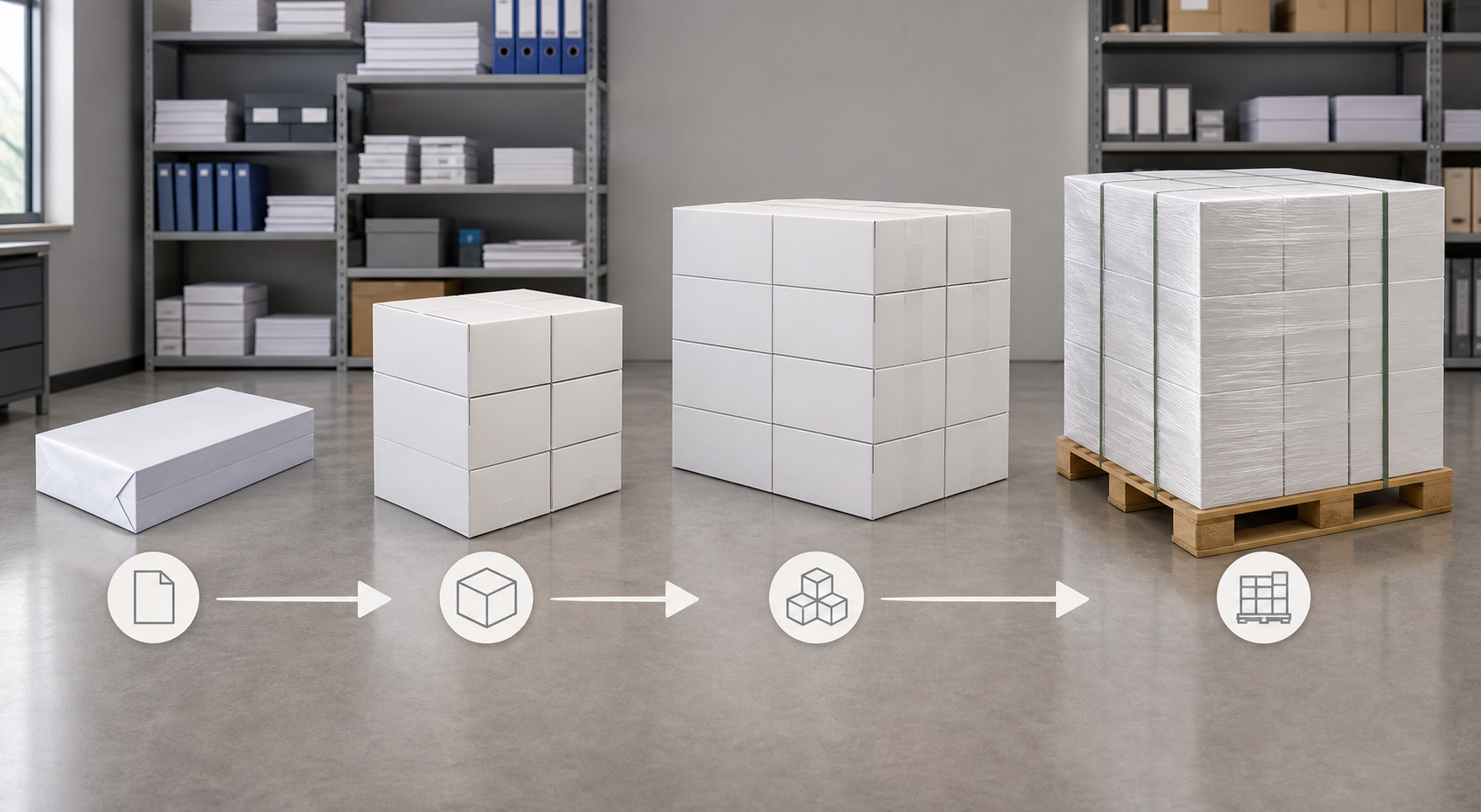 Ream case multi-case and pallet formats for bulk copy paper planning