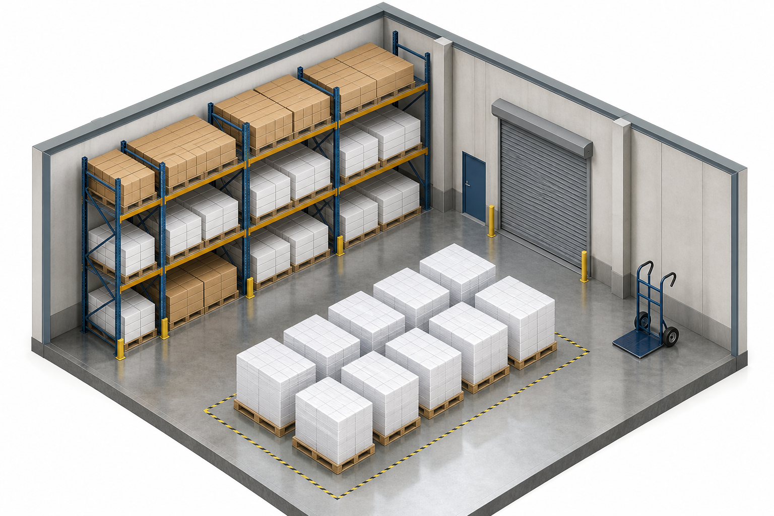 Bulk copy paper cartons stored in a dry organized receiving area
