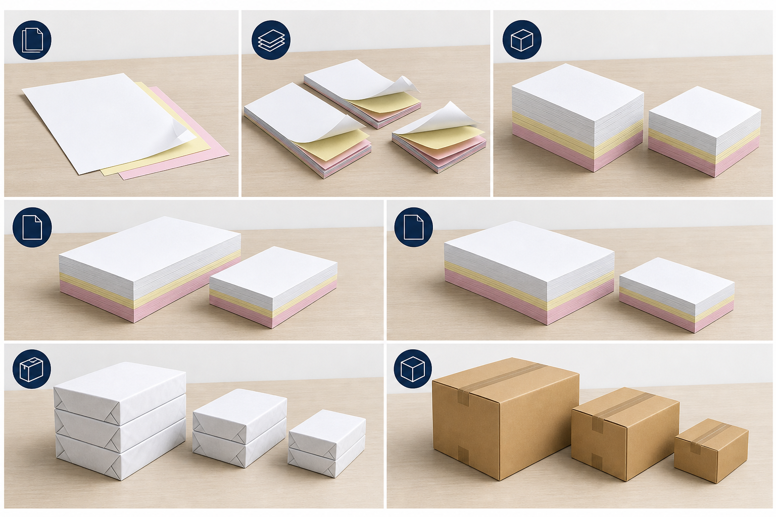 Comparison of carbonless copy paper formats, sizes, multipart sets, packs, and cartons