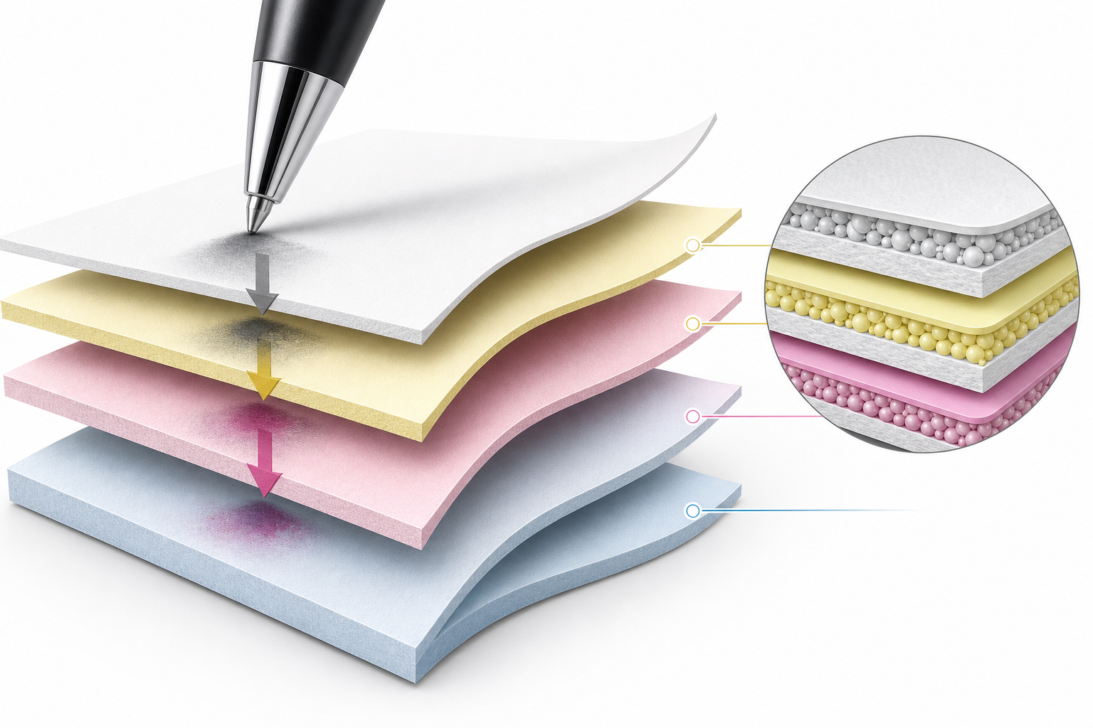 Diagram showing pressure transfer through layered carbonless copy paper sheets