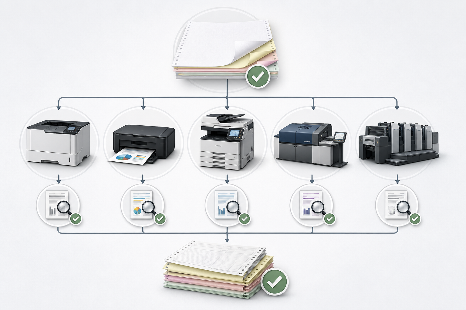 Decision flowchart for choosing carbonless copy paper by printer and printing method