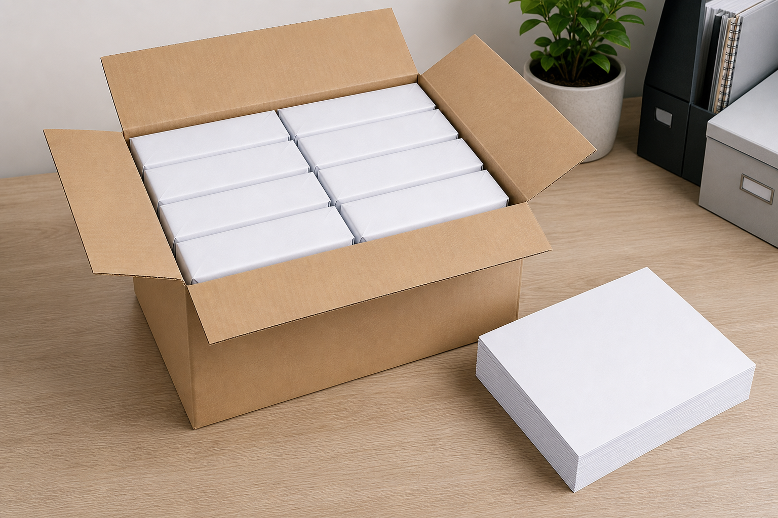 Unbranded 10-ream copy paper case representing a typical 5,000-sheet carton