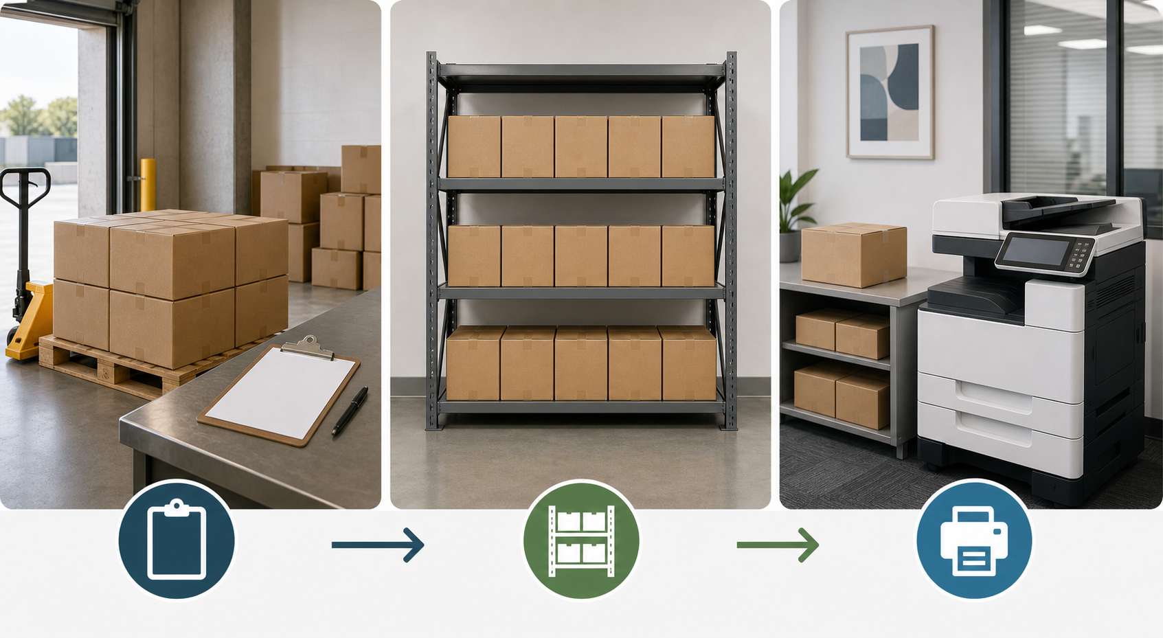 Receiving and storage workflow for 10-ream copy paper cases