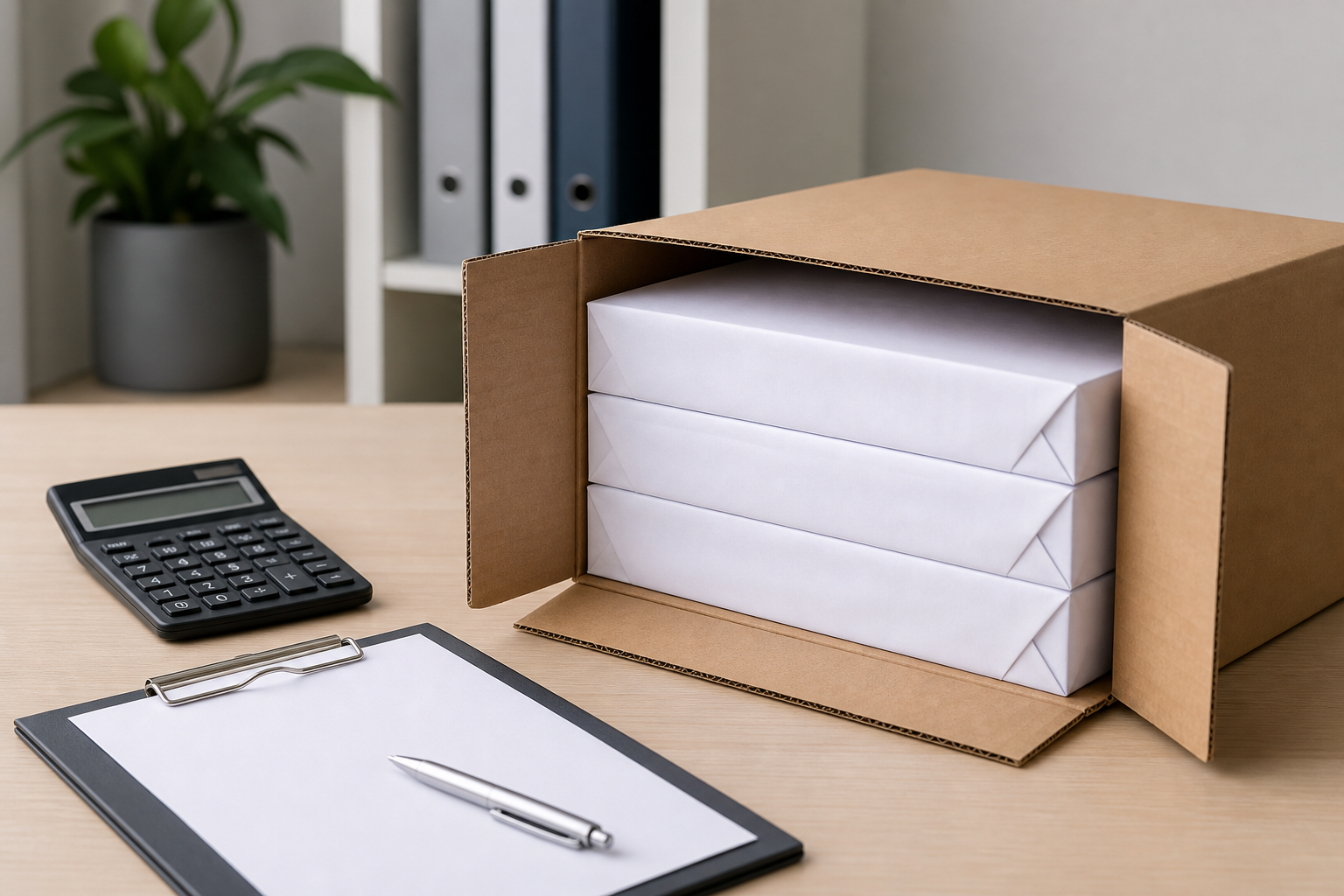 Case of copy paper showing wrapped reams inside a carton