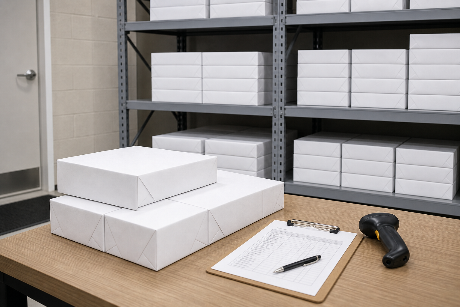 Copy paper cases stored flat and dry after receiving checks