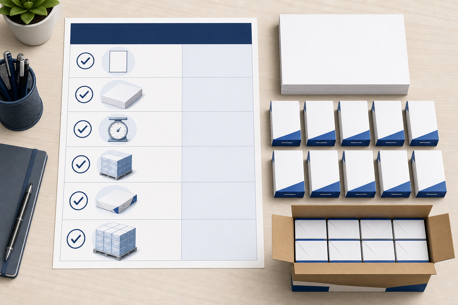 Qualification checklist for a 20 lb 10-ream 5,000-sheet copy paper case