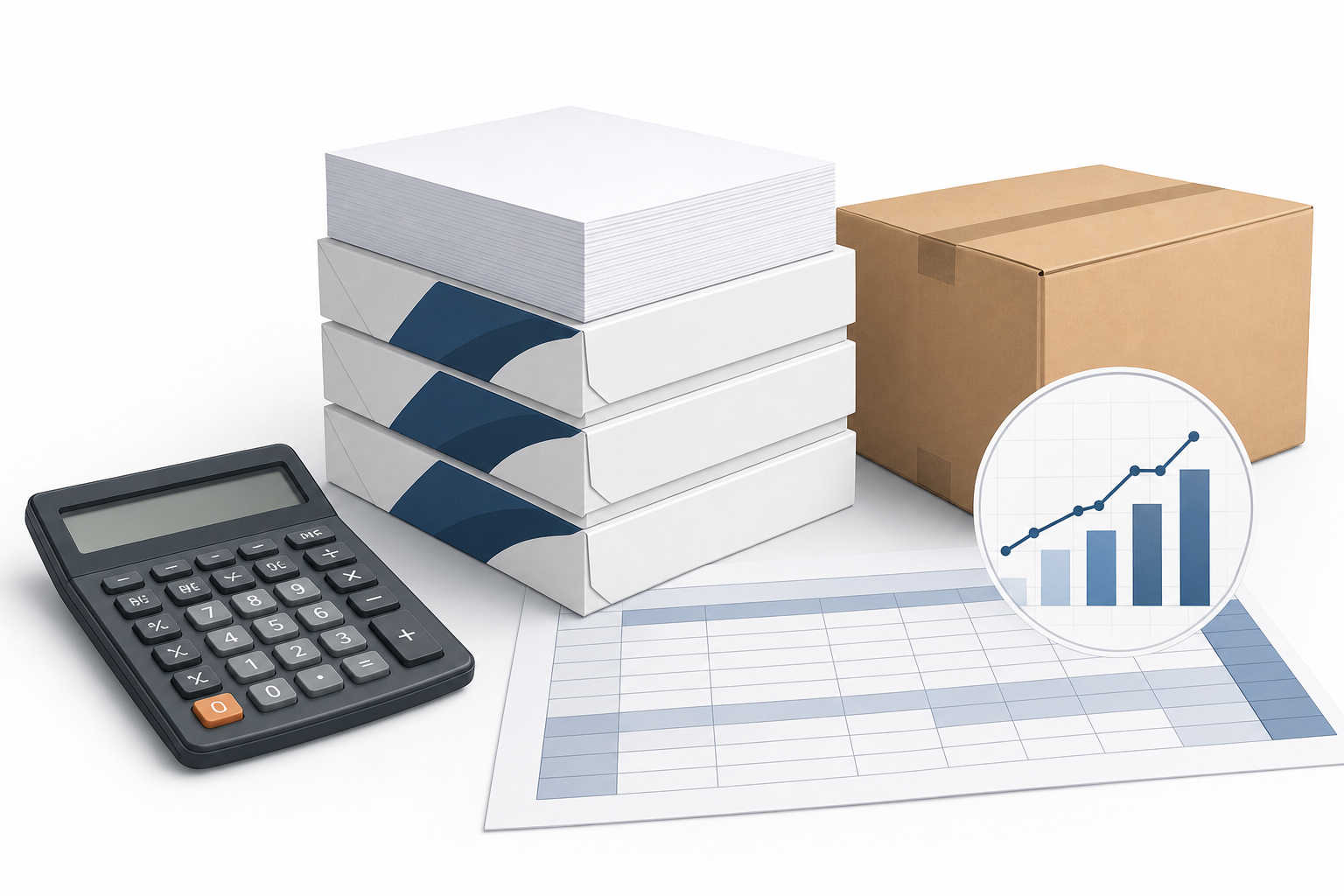Cost per sheet and landed cost calculation for a 10-ream copy paper case