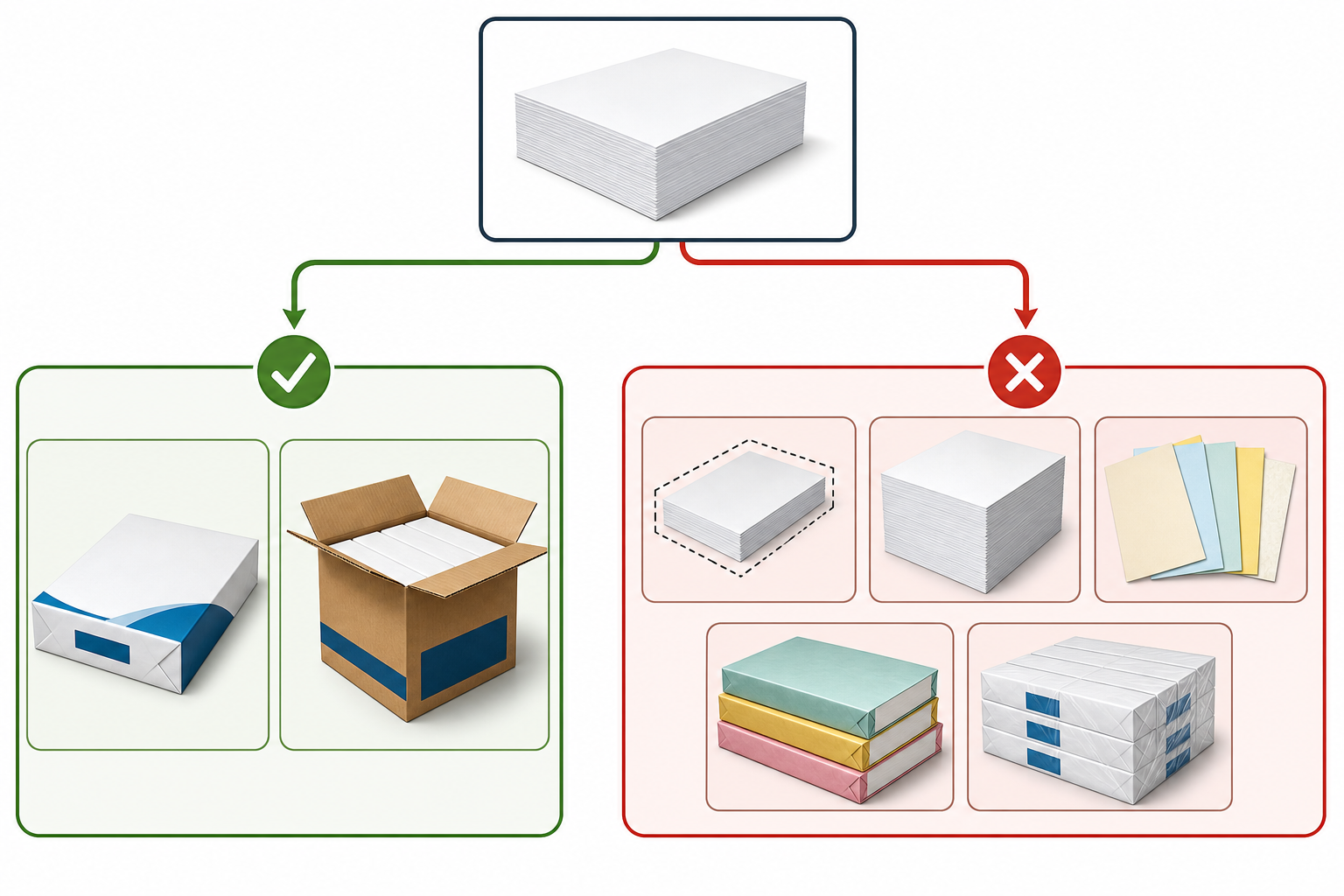 Flowchart for rejecting false-cheap copy paper listings that do not match 20 lb and 5,000 sheets