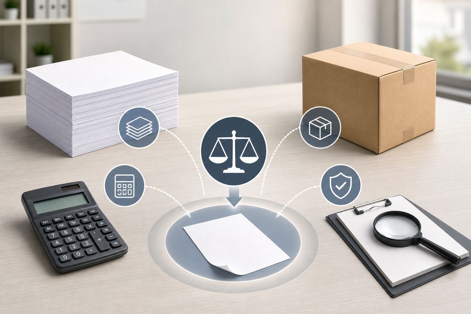 Office copy paper cost decision with paper, calculator, delivery carton, and quality checks