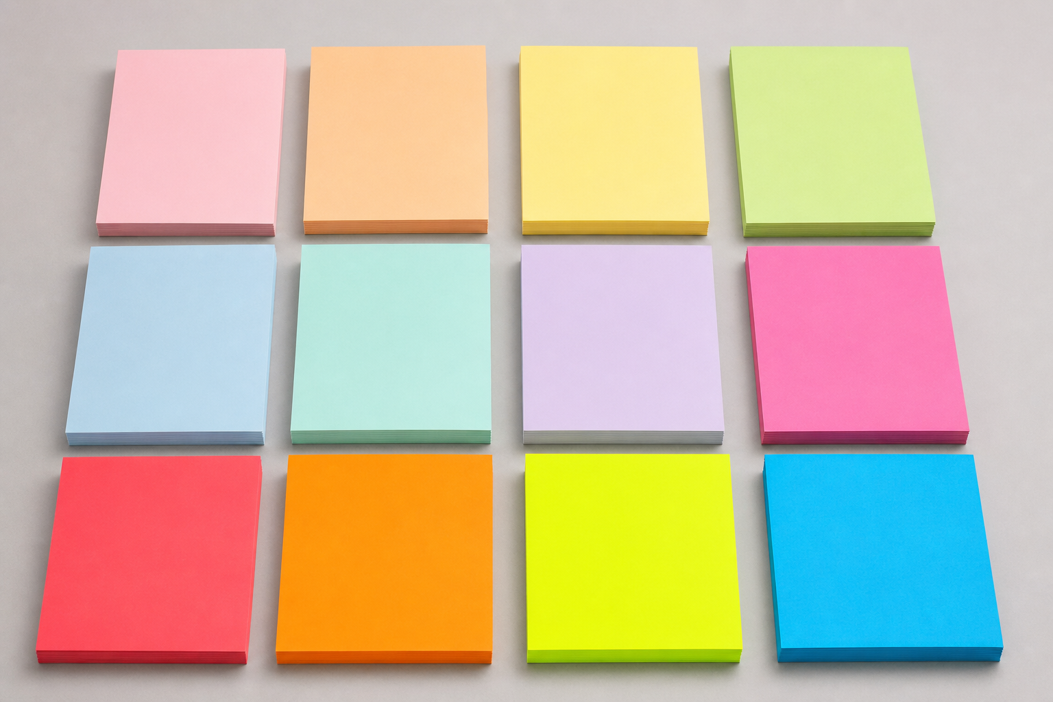 Assorted colored copy paper sheets in pastel, bright, and fluorescent colors