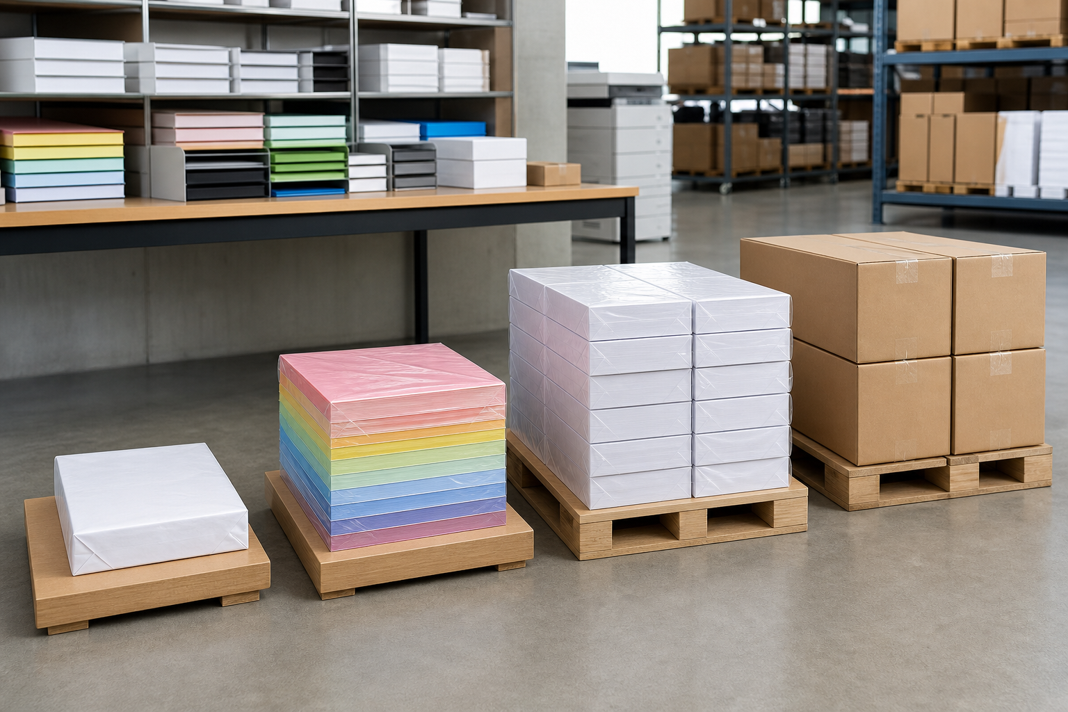 Colored copy paper reams, assorted packs, multi-packs, and bulk cartons arranged for comparison