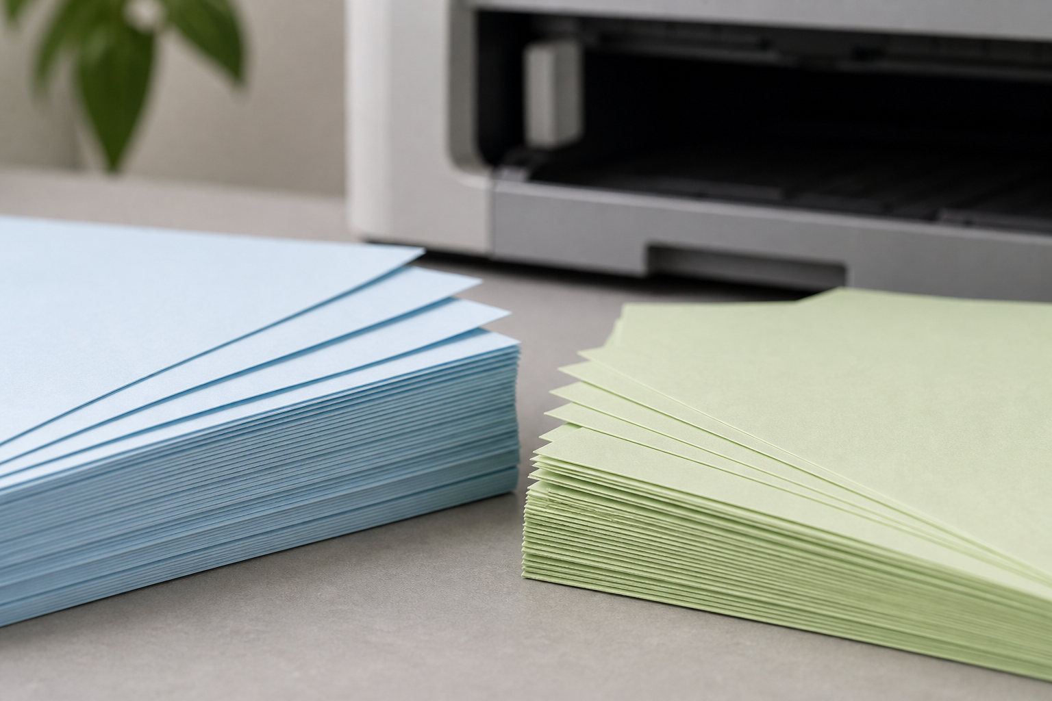 Close-up of smooth colored copy paper showing thickness, texture, and finish