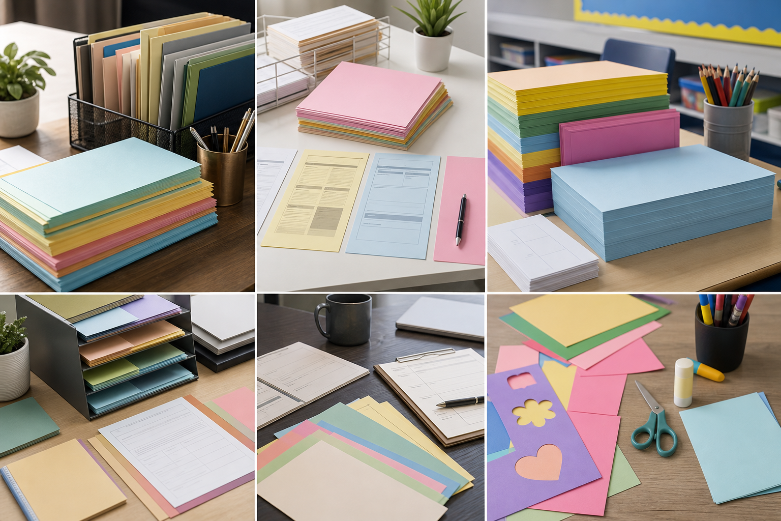 Colored copy paper used for office forms, classroom handouts, flyers, schedules, and projects