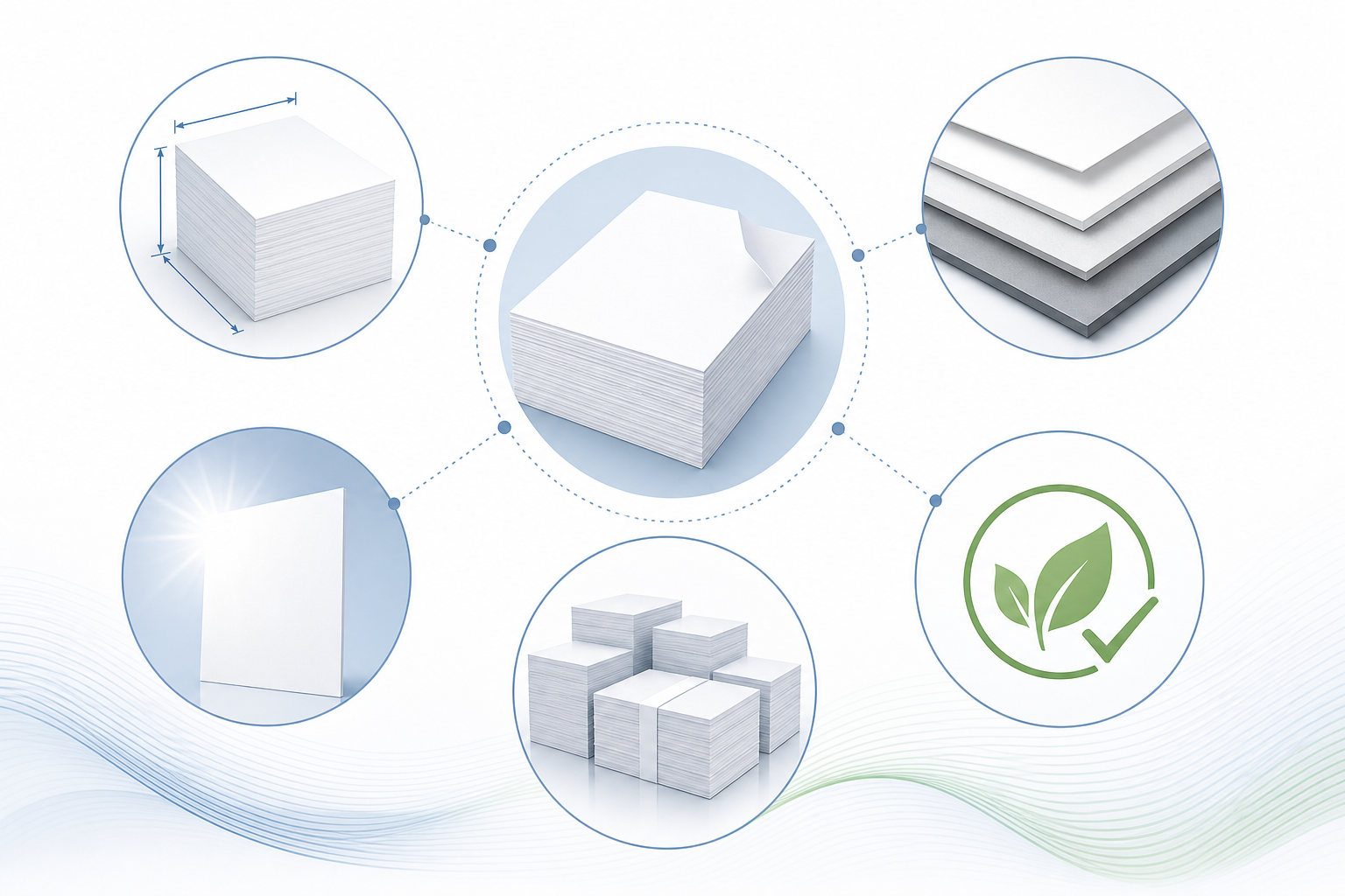 Copy paper specification guide showing size weight brightness and sheet count