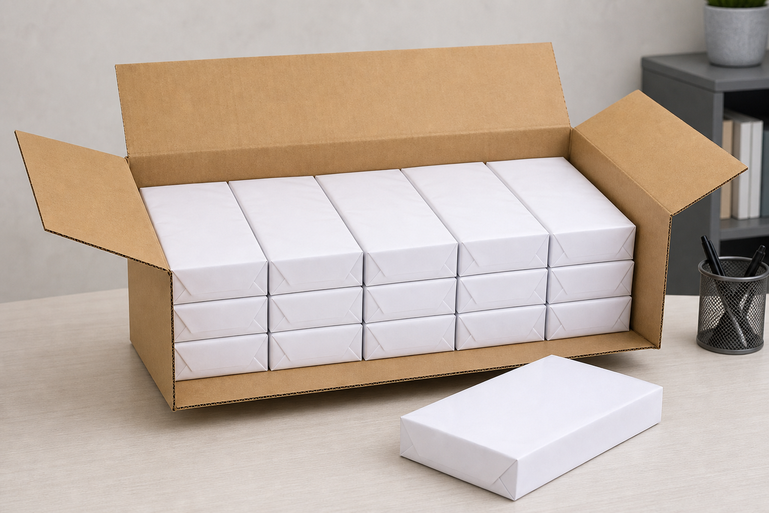 Unbranded 10 ream case of white copy paper for office procurement