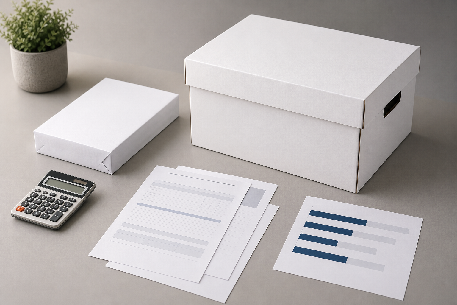 Cost comparison concept for a 500-sheet ream and a 5,000-sheet copy paper case