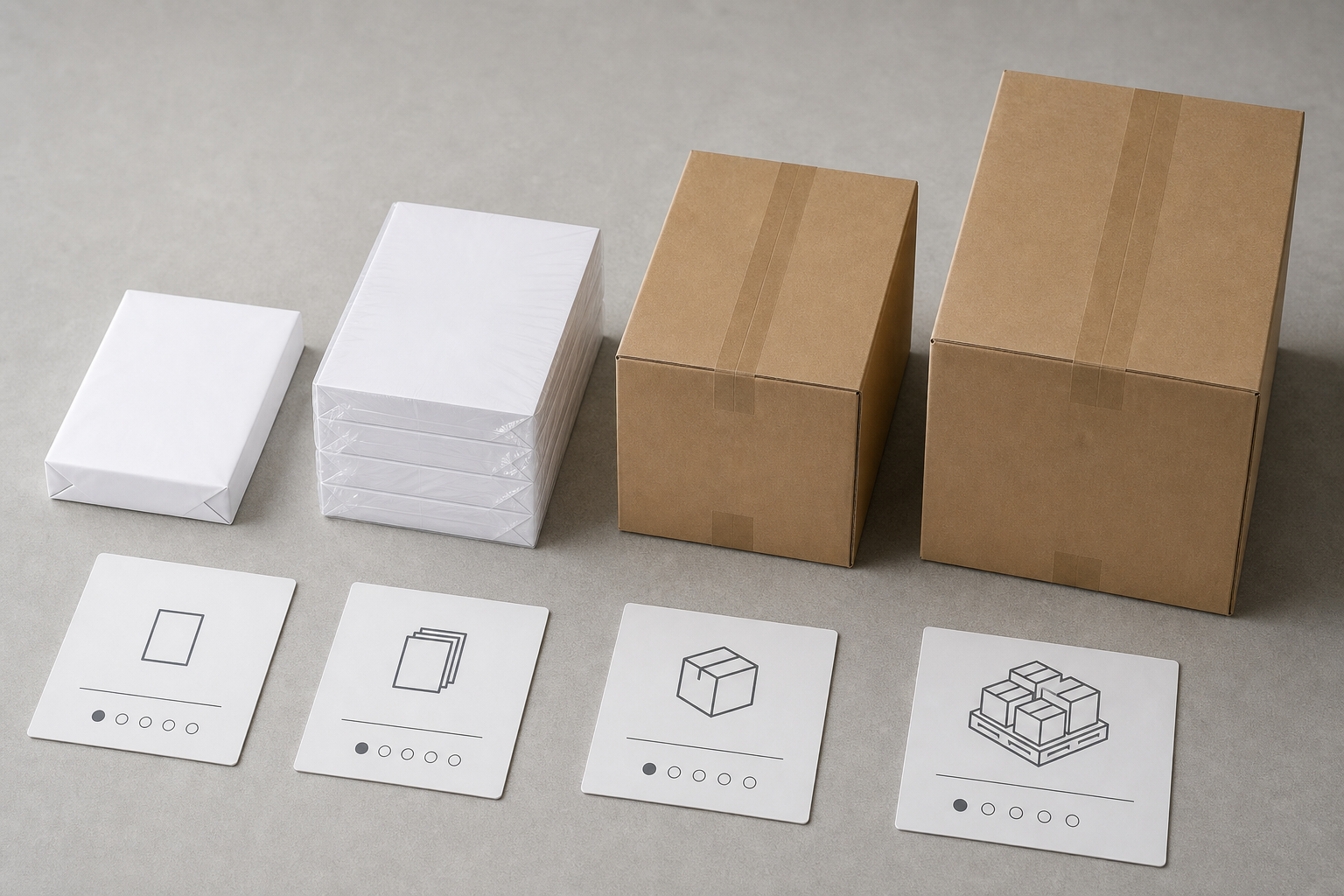 Visual comparison of copy paper reams multi ream packs and 5000 sheet cases