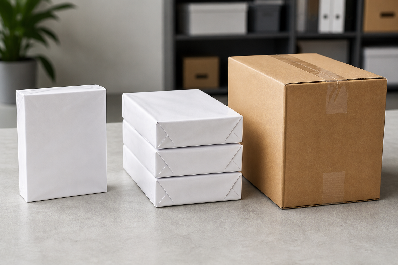 Copy paper ream quantity comparison showing one ream, three reams, and a bulk carton