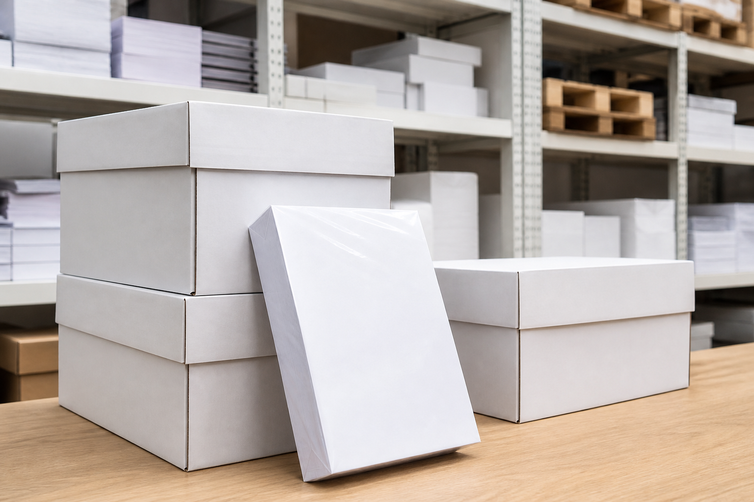 Single copy paper ream next to bulk copy paper cartons for office stocking