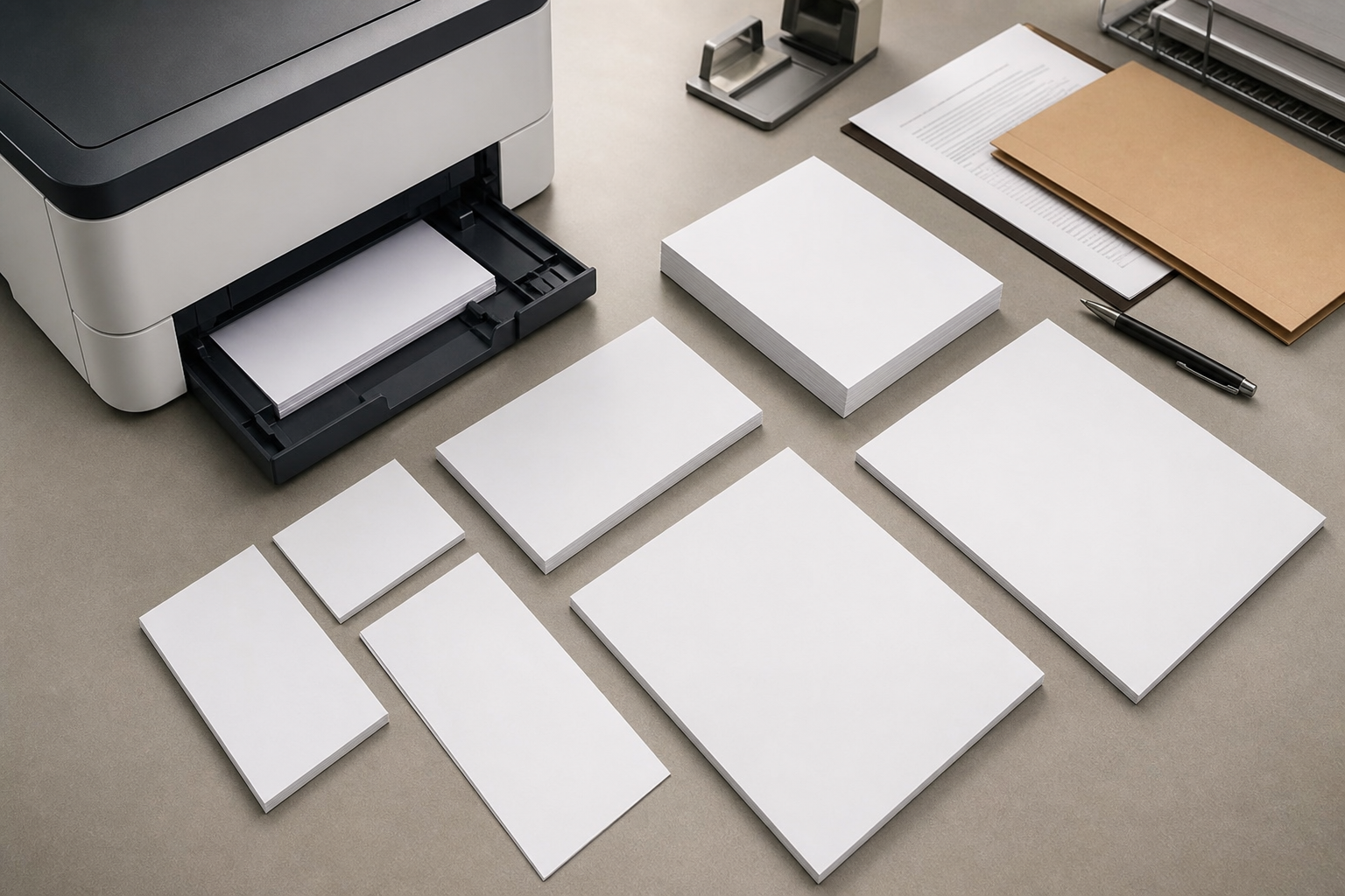 Copy paper sizes workflow reference showing Letter, Legal, 11 x 17, A4 and A3 sheets