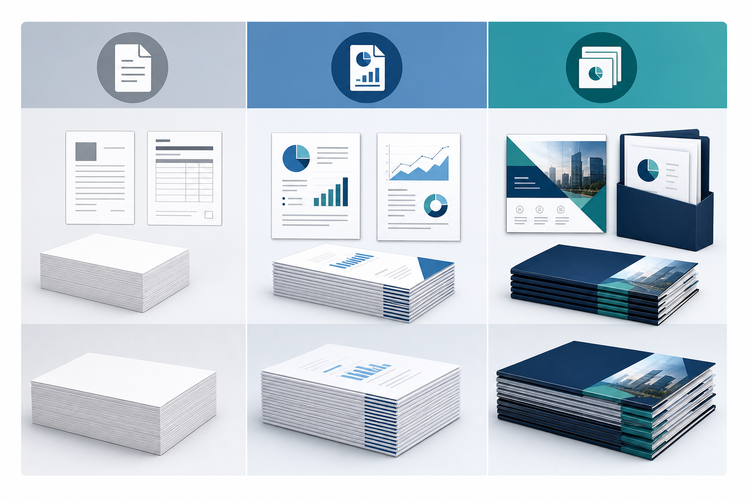 Icon-based comparison matrix for choosing copy paper or printer paper by office document type