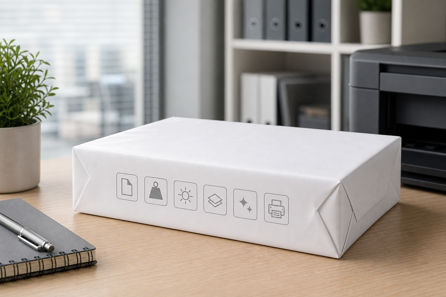 Unbranded office paper package with visual markers for size weight brightness opacity finish and compatibility