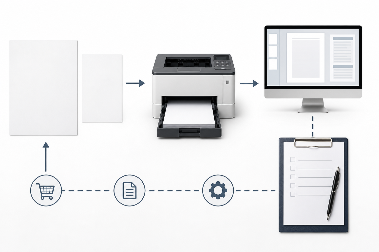 Workflow illustration showing Letter and A4 paper sizes connected to printer trays settings templates and paper requests