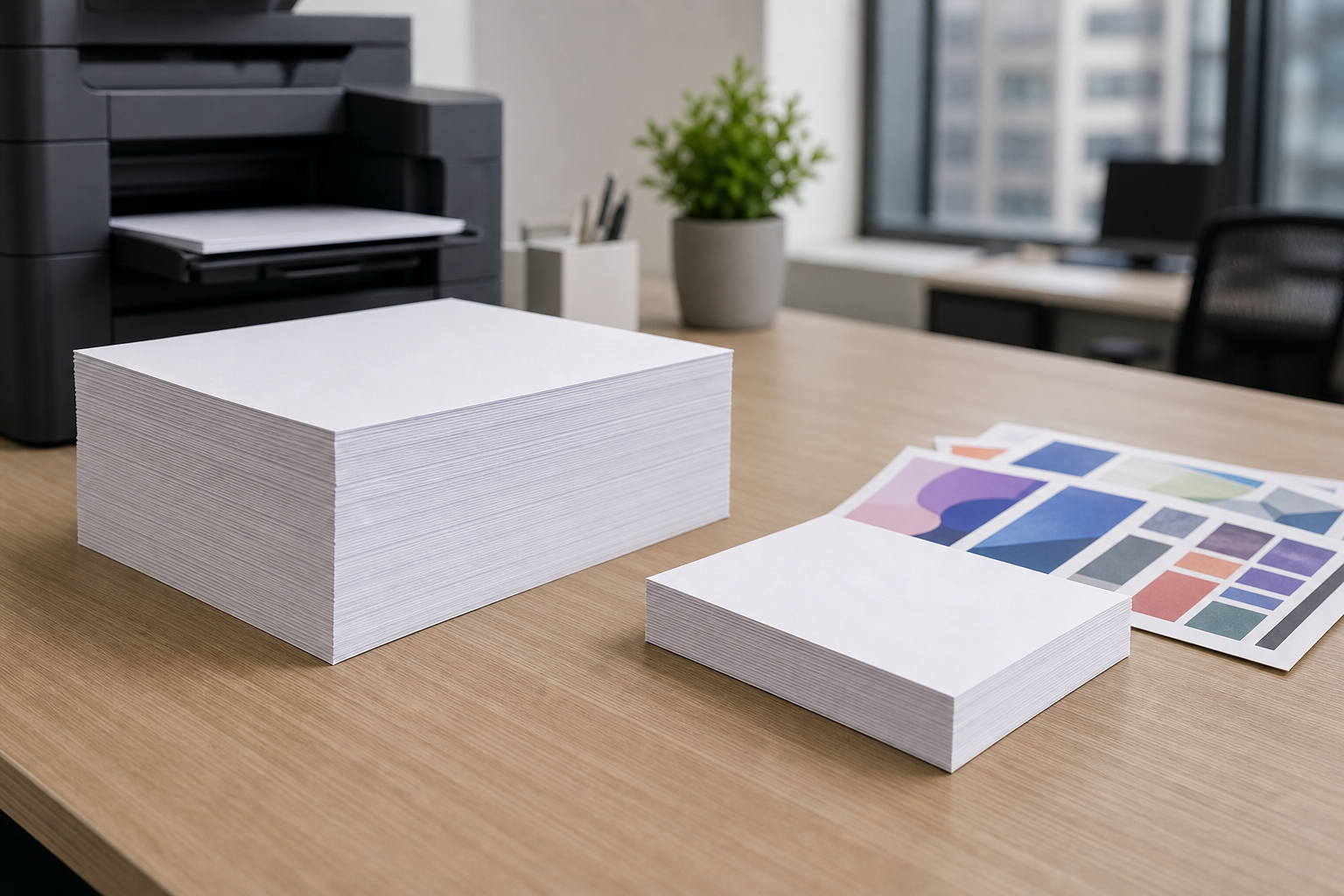 Office paper stacks showing default copy paper and exception printer paper decision