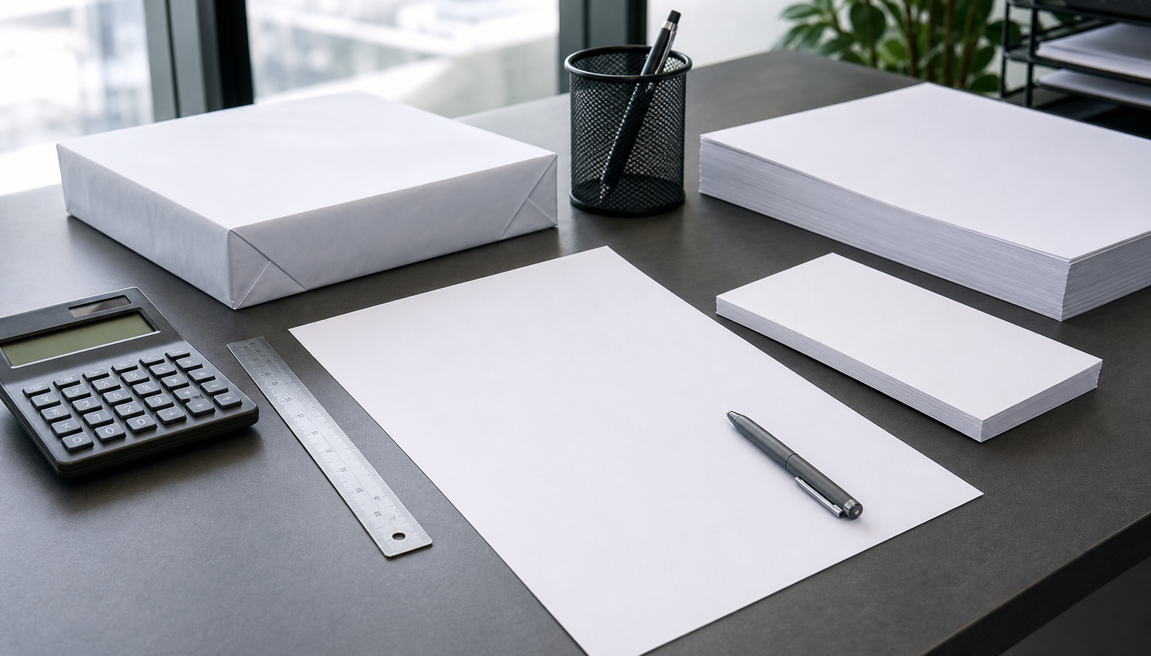 Spec-based paper quote preparation with blank form and office paper samples
