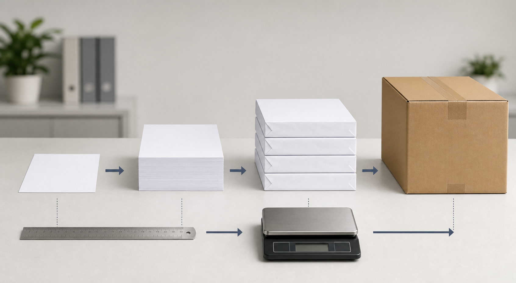 Calculation flow for estimating physical copy paper weight from sheet size, GSM, and count