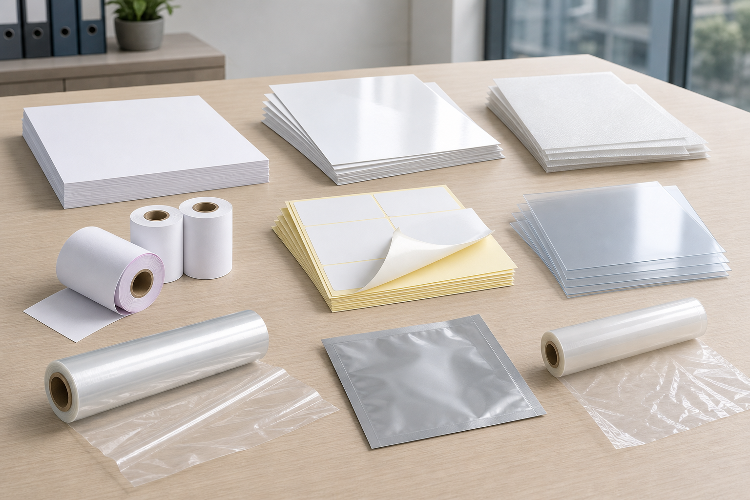 Materials map showing ordinary copier paper, coated paper, synthetic media, thermal stock, adhesive media, printable plastic sheets, and packaging film
