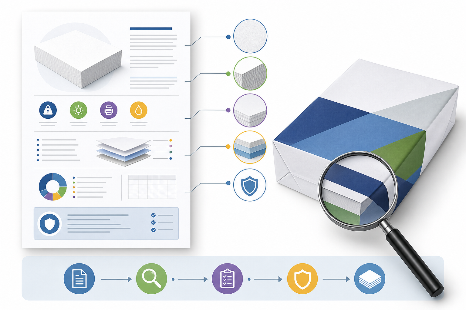 Generic paper specification sheet highlighting coating, material, packaging, and printer compatibility review areas