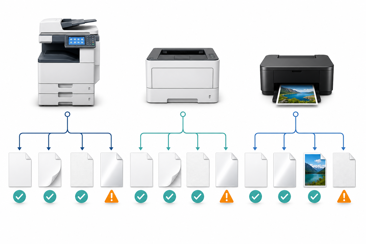 Decision flowchart for checking plastic-like or synthetic paper compatibility with copiers, laser printers, and inkjet printers