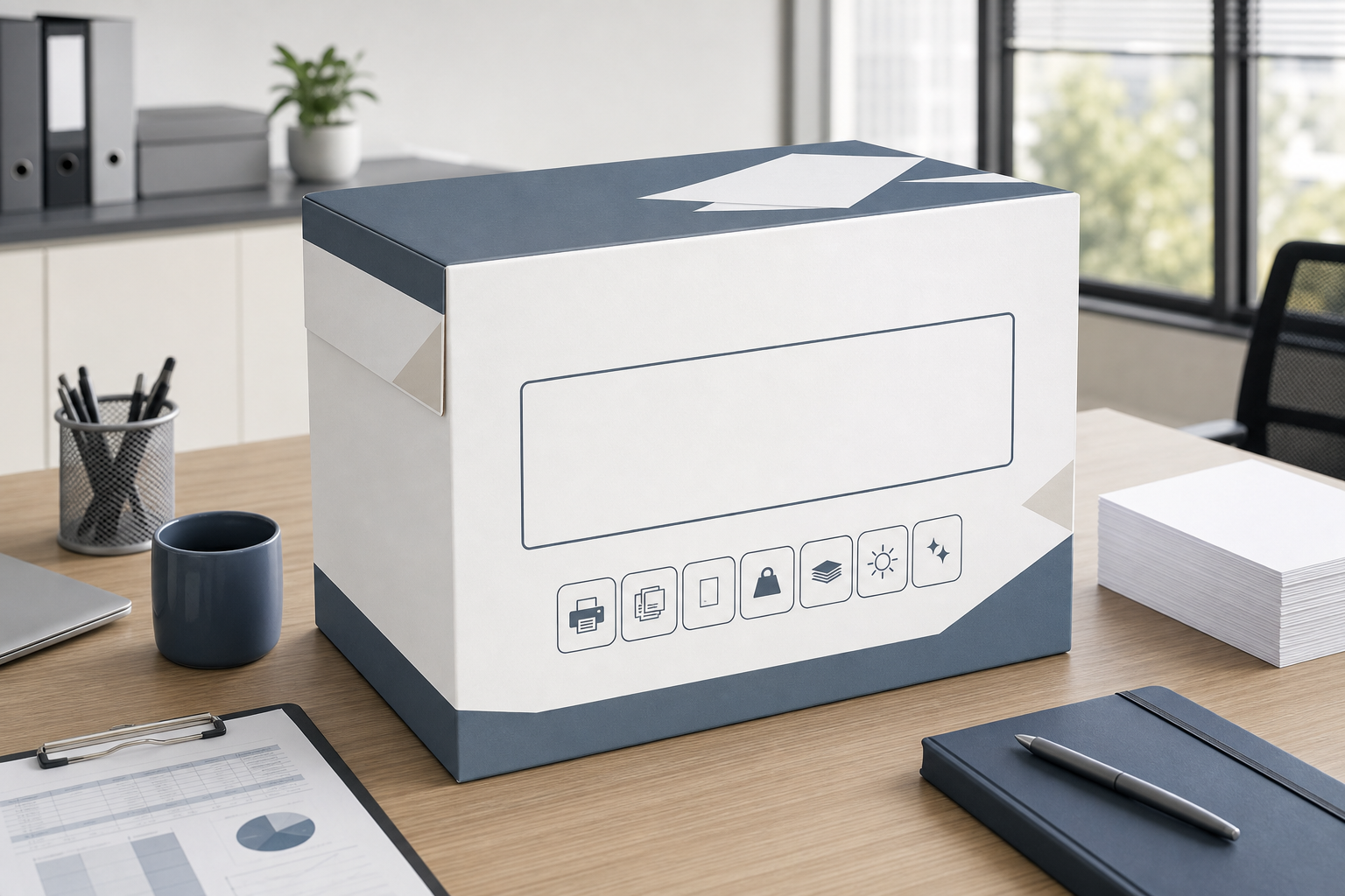 Unbranded office paper carton with visual cues for paper specifications and machine compatibility