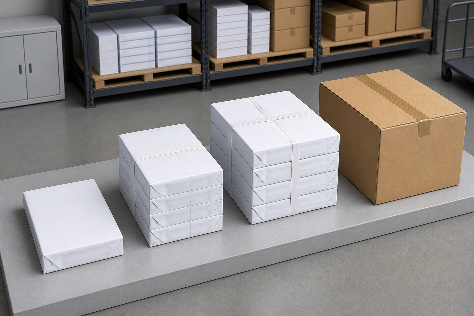Letter copy paper pack formats including reams multi-ream packs cases and stockroom replenishment
