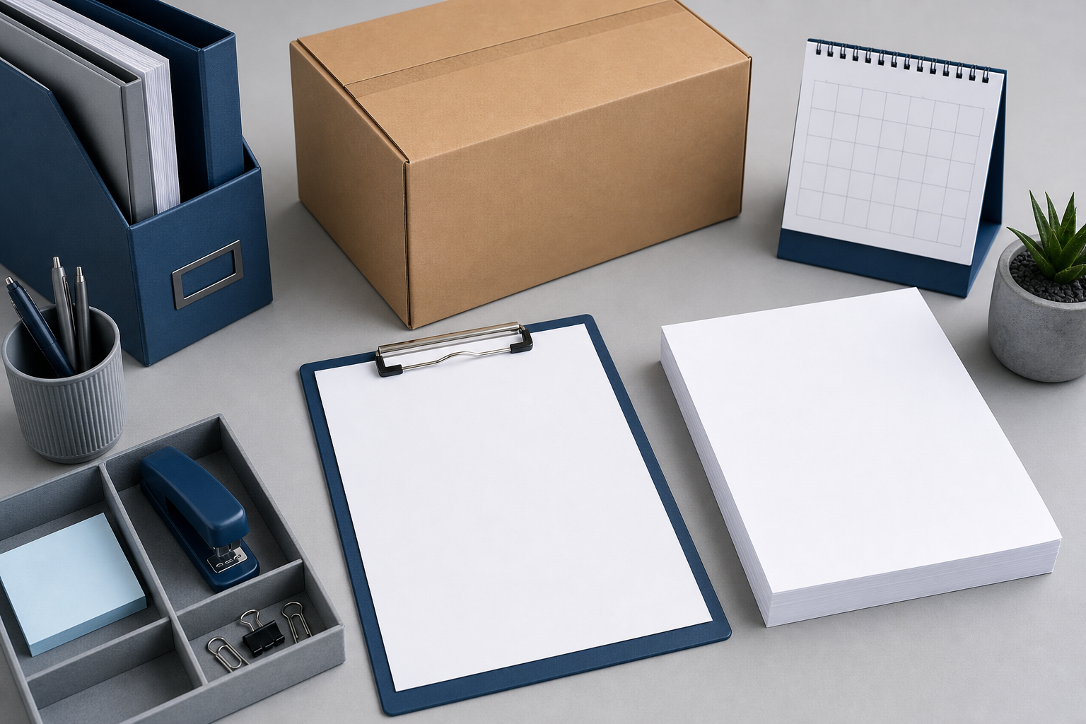 Quote-ready letter copy paper request concept with paper stack, blank form, delivery carton, and procurement items