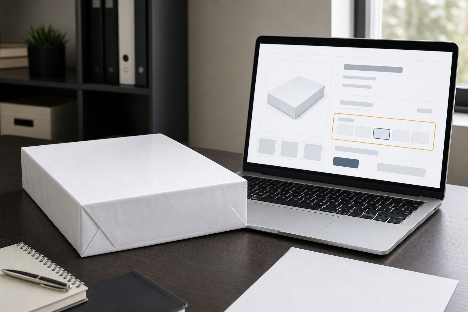 Nonbranded copy paper ream and online listing showing where to verify paper size