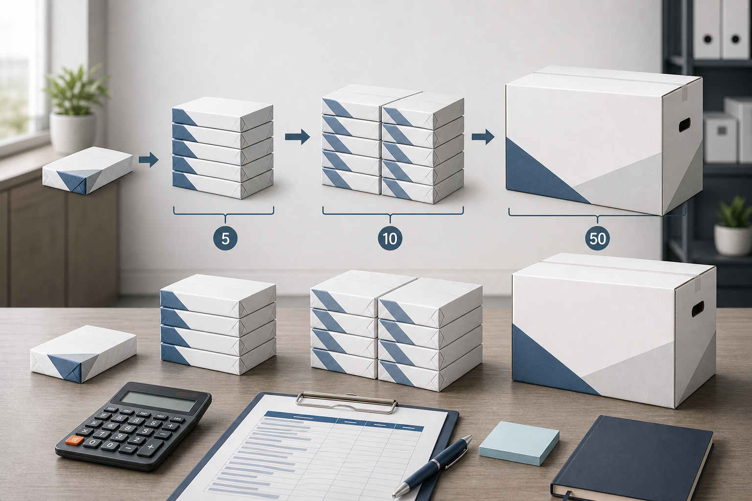 Visual comparison of single reams, multi-packs, and 10-ream copy paper cases