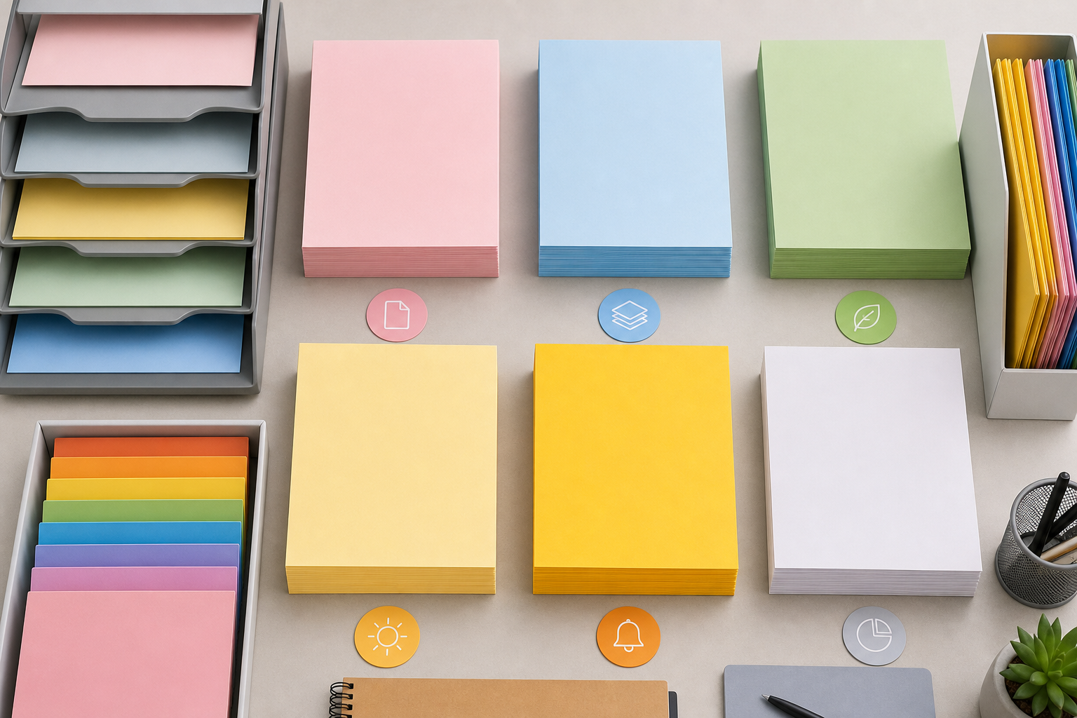 Colored copy paper arranged by office signals for routine urgent department and event workflows