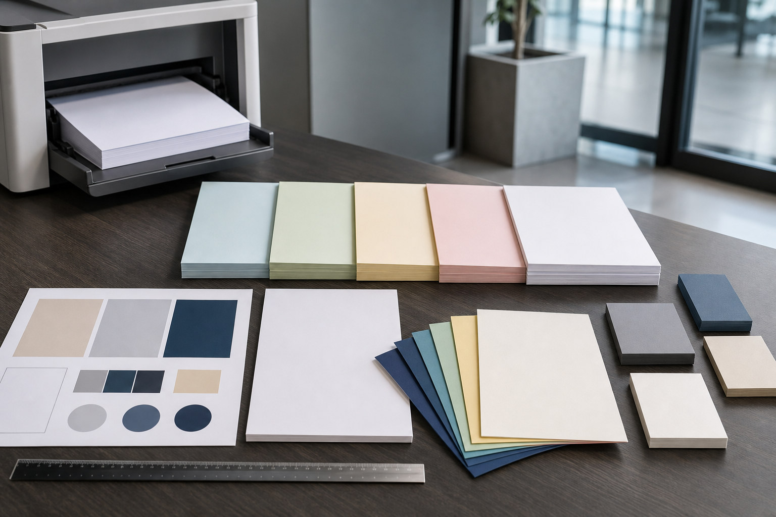 Colored copy paper order specification showing color size weight finish and sheet count elements