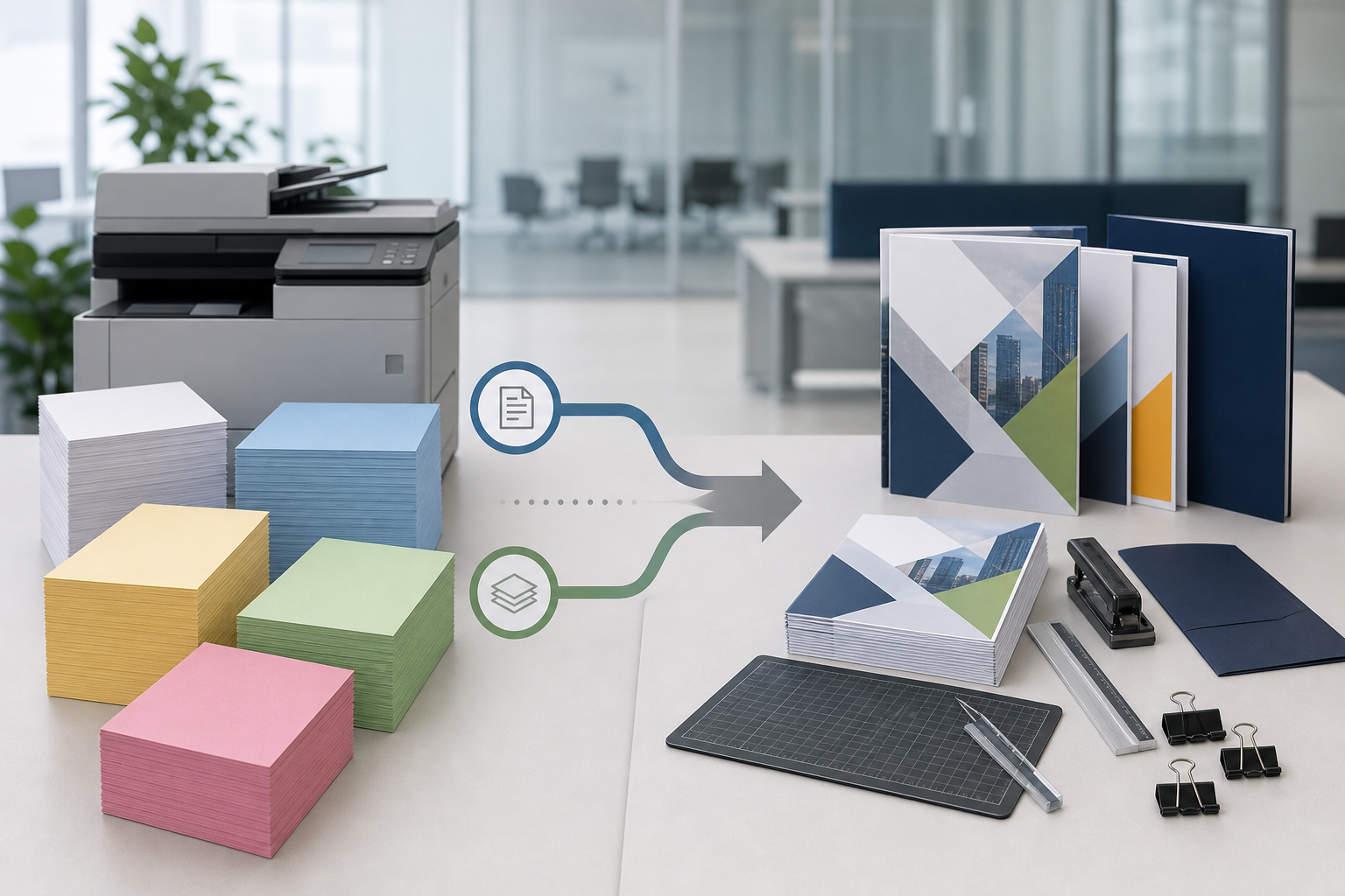 Decision visual comparing colored copy paper purchasing with color copy printing services